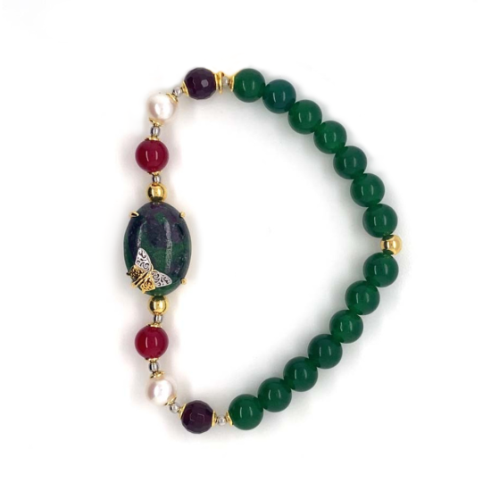 18K GOLD PLATED BRACELET WITH RUBI ZUZAT , RUBI AGATE , PEARLS AND GREEN JAIDE 18K GOLD PLATED BRACELET WITH RUBI ZUZAT , RUBI AGATE , PEARLS AND GREEN JAIDE