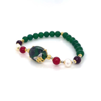 18K GOLD PLATED BRACELET WITH RUBI ZUZAT  , RUBI AGATE , PEARLS AND GREEN JAIDE