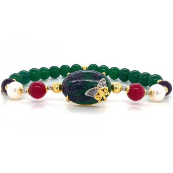 18K GOLD PLATED BRACELET WITH RUBI ZUZAT  , RUBI AGATE , PEARLS AND GREEN JAIDE