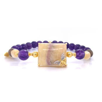 GOLD PLATED BRACELET WITH FLUORITE , AMETHYST , MOONSTONE AND SHELL
