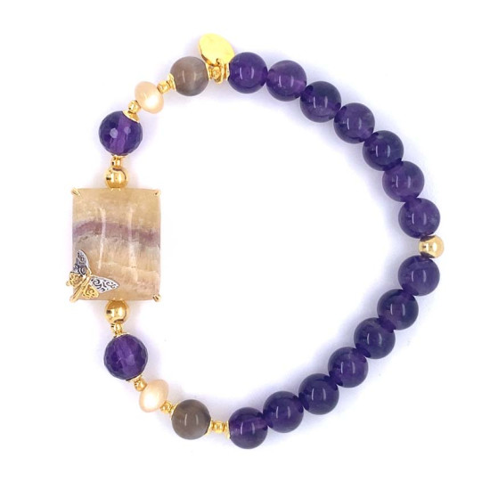 GOLD PLATED BRACELET WITH FLUORITE , AMETHYST , MOONSTONE AND SHELL GOLD PLATED BRACELET WITH FLUORITE , AMETHYST , MOONSTONE AND SHELL