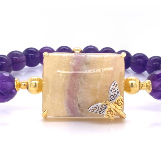 GOLD PLATED BRACELET WITH FLUORITE , AMETHYST , MOONSTONE AND SHELL GOLD PLATED BRACELET WITH FLUORITE , AMETHYST , MOONSTONE AND SHELL