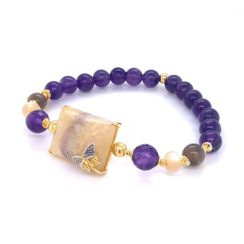 GOLD PLATED BRACELET WITH FLUORITE , AMETHYST , MOONSTONE AND SHELL