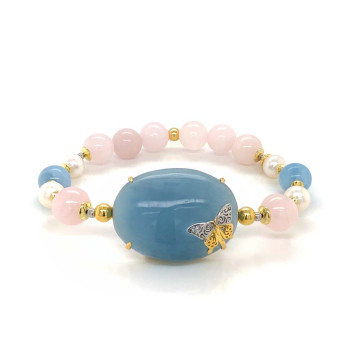 GOLD PLATED BRACELET WITH AQUAMARINE , QUARTZ , TURQUOISE AND PEARLS