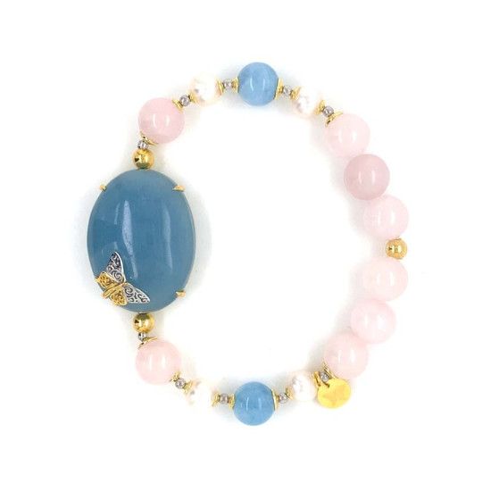 GOLD PLATED BRACELET WITH AQUAMARINE , QUARTZ , TURQUOISE AND PEARLS GOLD PLATED BRACELET WITH AQUAMARINE , QUARTZ , TURQUOISE AND PEARLS