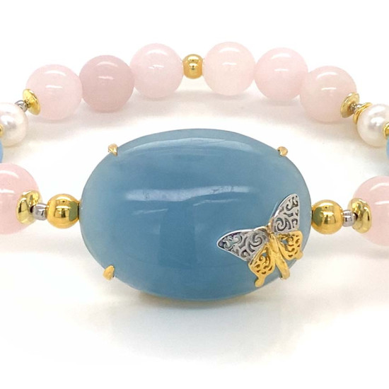 GOLD PLATED BRACELET WITH AQUAMARINE , QUARTZ , TURQUOISE AND PEARLS GOLD PLATED BRACELET WITH AQUAMARINE , QUARTZ , TURQUOISE AND PEARLS