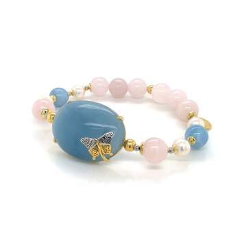 GOLD PLATED BRACELET WITH AQUAMARINE , QUARTZ , TURQUOISE AND PEARLS