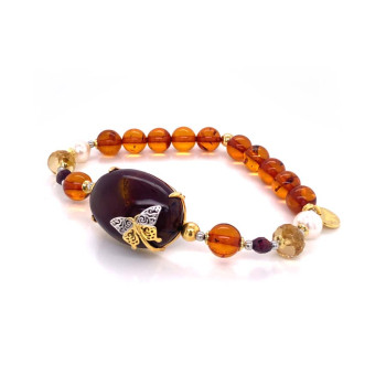 GOLD PLATED BRACELET WITH JASPER , AMBER , CITRINE , PEARLS AND QUARTZ