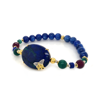18K GOLD PLATED AZURITE BRACELET WITH MALACHITE , LAPIS , RUBI AGATE AND KYANITE 