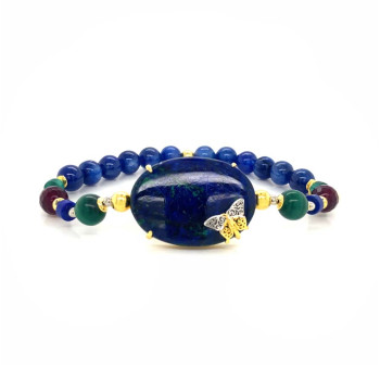 18K GOLD PLATED AZURITE BRACELET WITH MALACHITE , LAPIS , RUBI AGATE AND KYANITE 