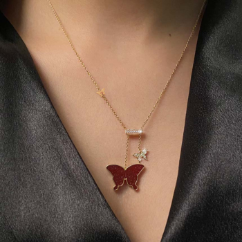 Red Agate ( freedom ) Glanz Butterfly Neckless With Small Butterfly, Studded With 23 Pieces Of Diamond,18K Gold ( large size ) 