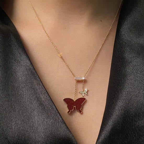 Red Agate ( freedom ) Glanz Butterfly Neckless With Small Butterfly, Studded With 23 Pieces Of Diamond,18K Gold ( large size ) Red Agate ( freedom ) Glanz Butterfly Neckless With Small Butterfly, Studded With 23 Pieces Of Diamond,18K Gold ( large size )