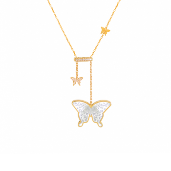 White Seashell ( freedom ) Glanz Butterfly Neckless, With Small Butterfly Studded With 23 Pieces Of Diamond,18K Gold ( large size )