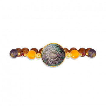 Silver Bracelet made of Saudi prominent black pound shell with Yellow Agate, Garnet, Amastrin, and Coke Wood