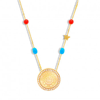 Gold coin chain 18k , crafted with diamonds, turquoise and red agate stones
