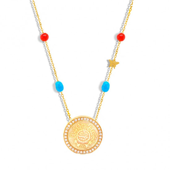 Gold coin chain 18k , crafted with diamonds, turquoise and red agate stones Gold coin chain 18k , crafted with diamonds, turquoise and red agate stones