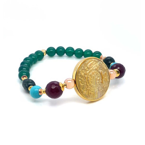 BRACELET ON SAUDI JENNEH SHELL WITH RUBY AGATE, TURQUOISE, AZURITE AND GREEN AGATE STONES