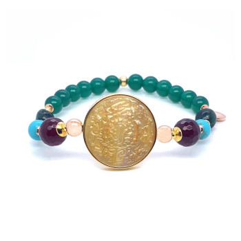 BRACELET ON SAUDI JENNEH SHELL WITH RUBY AGATE, TURQUOISE, AZURITE AND GREEN AGATE STONES