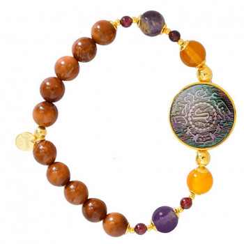 Silver Bracelet made of Saudi prominent black pound shell with Yellow Agate, Garnet, Amastrin, and Coke Wood