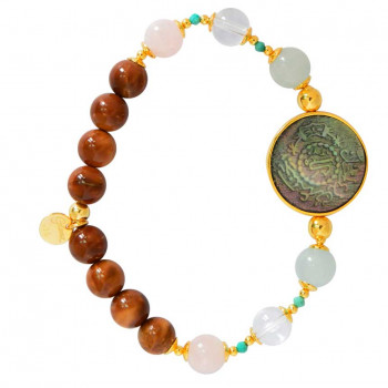 Silver Bracelet made of Saudi prominent black pound seashell with Aquamarine, crystal, pink quartz, turquoise and coke wood