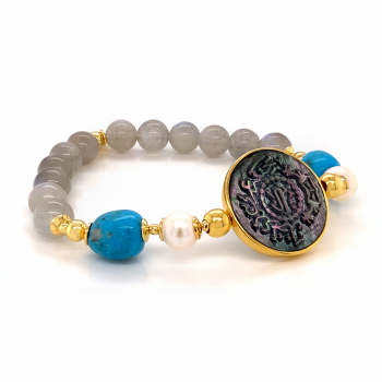 Silver Bracelet made of Saudi prominent black pound seashell with pearl, Prodite, and Turquoise