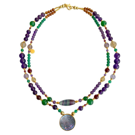 A NECKLACE MADE OF SAUDI POUND SHELL WITH TOURMALLINE , AMETHYST, GREEN AGATE AND AMACITRINE 