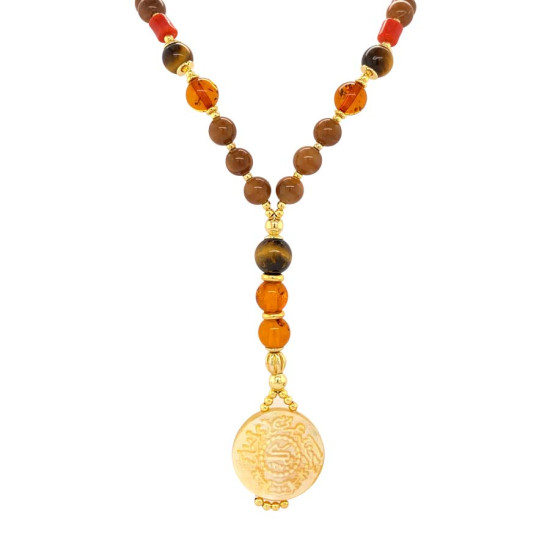 A NECKLACE MADE OF SAUDI GOLD POUND SHELL WITH TIGER-EYE , JASPER , AMBER , CORAL AND COKE WOOD A NECKLACE MADE OF SAUDI GOLD POUND SHELL WITH TIGER-EYE , JASPER , AMBER , CORAL AND COKE WOOD