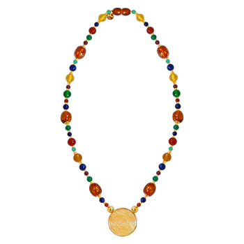 A NECKLACE MADE OF SAUDI GOLD POUND SHELL WITH red AGATE , YELLOW AGATE , lapis, amber, green AGATE and garnet with amber musk