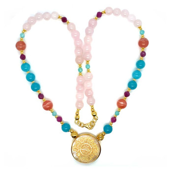 YELLOW COIN NECKLACE WITH BLUE JADE, RUBY, RHODOCHROSITE, AND WHITE QUARTZ