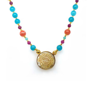 YELLOW COIN NECKLACE WITH BLUE JADE, RUBY, RHODOCHROSITE, AND WHITE QUARTZ