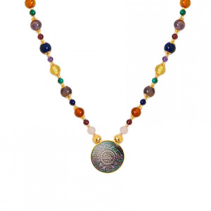 A NECKLACE MADE OF SAUDI GOLD POUND SHELL WITH pink quartz, garnet, amber, amastrin, malachite and lapis