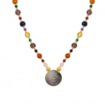 A NECKLACE MADE OF SAUDI GOLD POUND SHELL WITH pink quartz, garnet, amber, amastrin, malachite and lapis