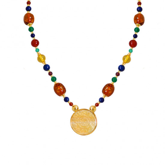 A NECKLACE MADE OF SAUDI GOLD POUND SHELL WITH red AGATE , YELLOW AGATE , lapis, amber, green AGATE and garnet with amber musk A NECKLACE MADE OF SAUDI GOLD POUND SHELL WITH red AGATE , YELLOW AGATE , lapis, amber, green AGATE and garnet with amber musk