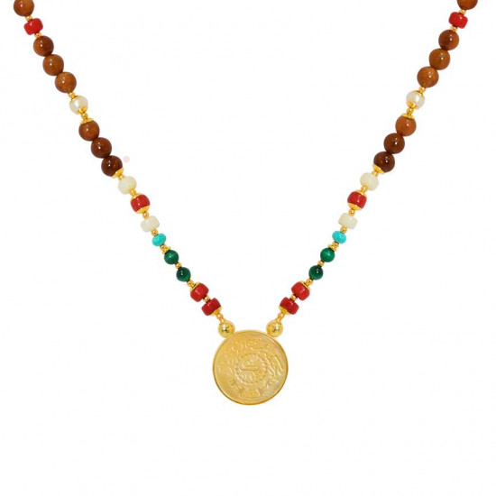 A chain made by a yellow coin of the Saudi with pearls, corals, malachite, turquoise, seashell, and Cook A chain made by a yellow coin of the Saudi with pearls, corals, malachite, turquoise, seashell, and Cook