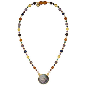 A NECKLACE MADE OF SAUDI GOLD POUND SHELL WITH pink quartz, garnet, amber, amastrin, malachite and lapis