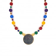 A necklace made of Saudi  pound shell with colored agate , amethyst, pink quartz, coral, malachite, garnet stones, lapis, and Coke