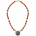 A NECKLACE MADE OF SAUDI POUND SHELL WITH CORAL, RUBY AND TURQUOISE