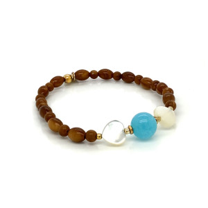 AQUAMARINE BRACELET WITH TWO SEASHELL HEARTS, COKE WOOD