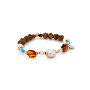  Gold plated Amber bracelet  with pink quartz , pink pearl , Turquoise and coke wood 