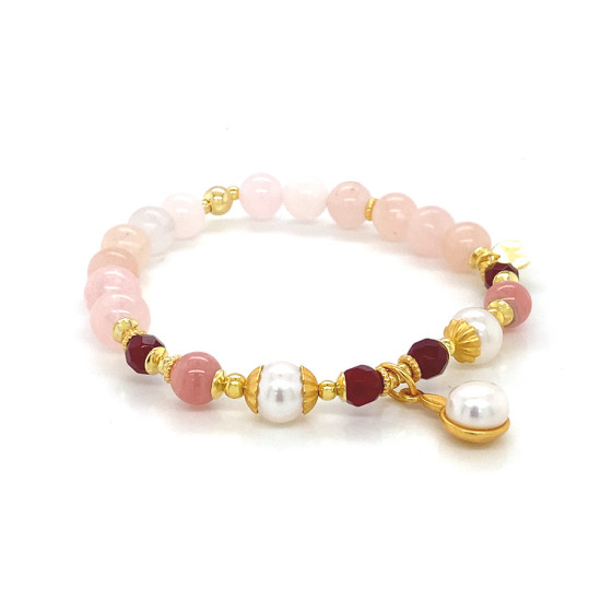 MORGANITE BRACELET WITH RUBI AGATE , RHODOCHROSITE AND PEARLS .