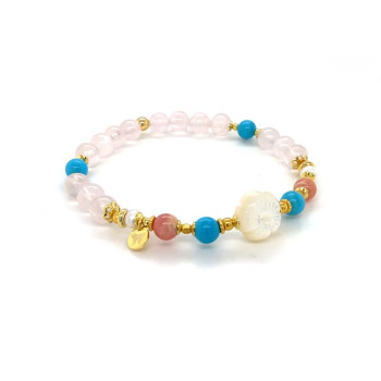24K GOLD PLATED ROSE SHAPE SEASHELL BRACELET WITH TURQUOISE, RHODOCHROSITE, PEARL AND PINK QUARTZ