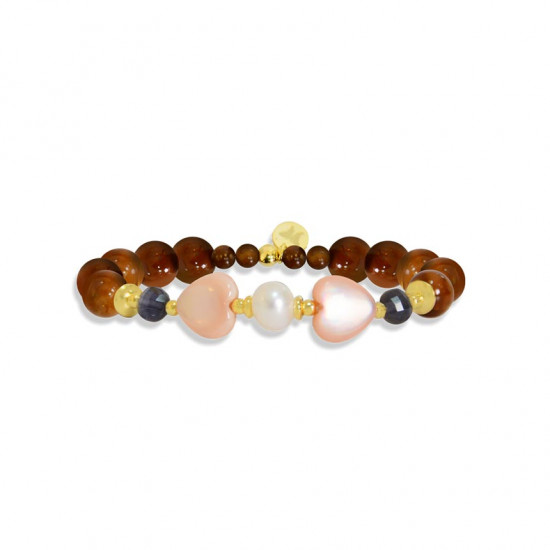 bracelet with Pink mother-of-pearl, gray quartz and coke wood