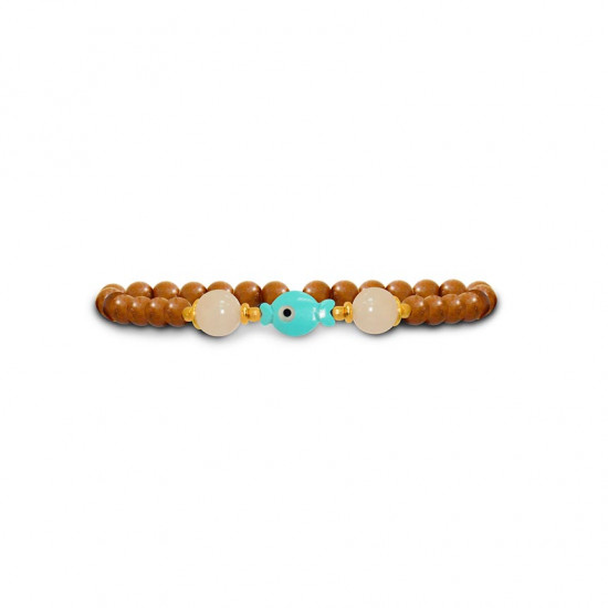 Bracelet with fish-shaped turquoise, pink quartz stone, and coke wood 