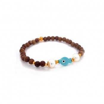 gold plated kids bracelet with turquoise fish , pearl and coke wood