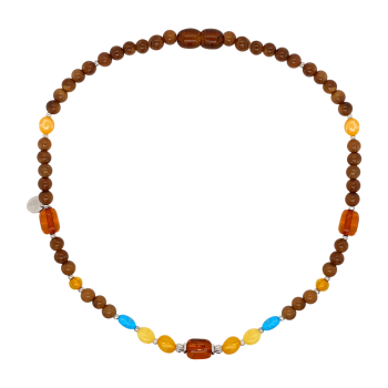 KIDS NECKLACE WITH AMBER STONES, TURQUOISE AND COKE WOOD .