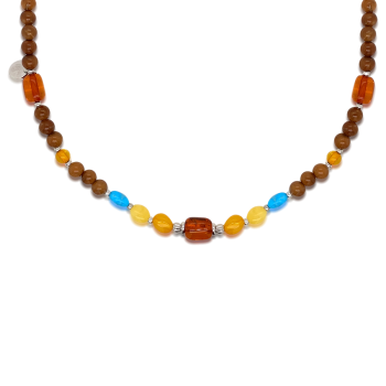 KIDS NECKLACE WITH AMBER STONES, TURQUOISE AND COKE WOOD .