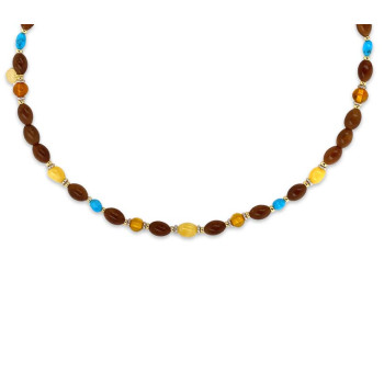 KIDS NECKLACE WITH AMBER STONES, TURQUOISE AND COKE WOOD .