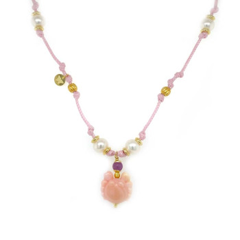 24K PLATED GOLD PEARL NECKLACE WITH PINK RUBY AND SHELL PENDANDT