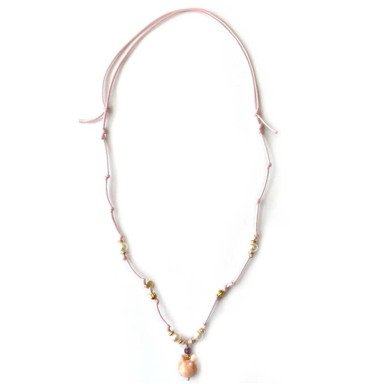 24K PLATED GOLD PEARL NECKLACE WITH PINK RUBY AND SHELL PENDANDT