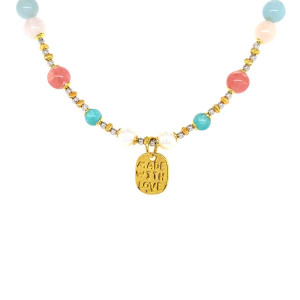 gold plated cherry quartz necklace , pearls , amazonite , morganite .